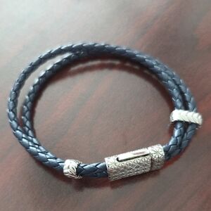 Navy Braided Leather Bracelet with Intricate Silver Clasp